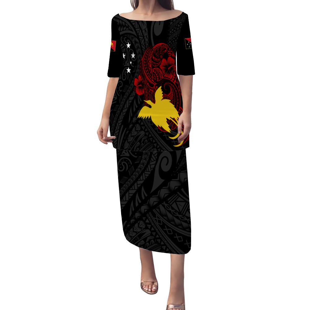Personalised Papua New Guinea 49th Independence Puletasi Dress Tribal Turtle LT7 Women Black - Polynesian Pride