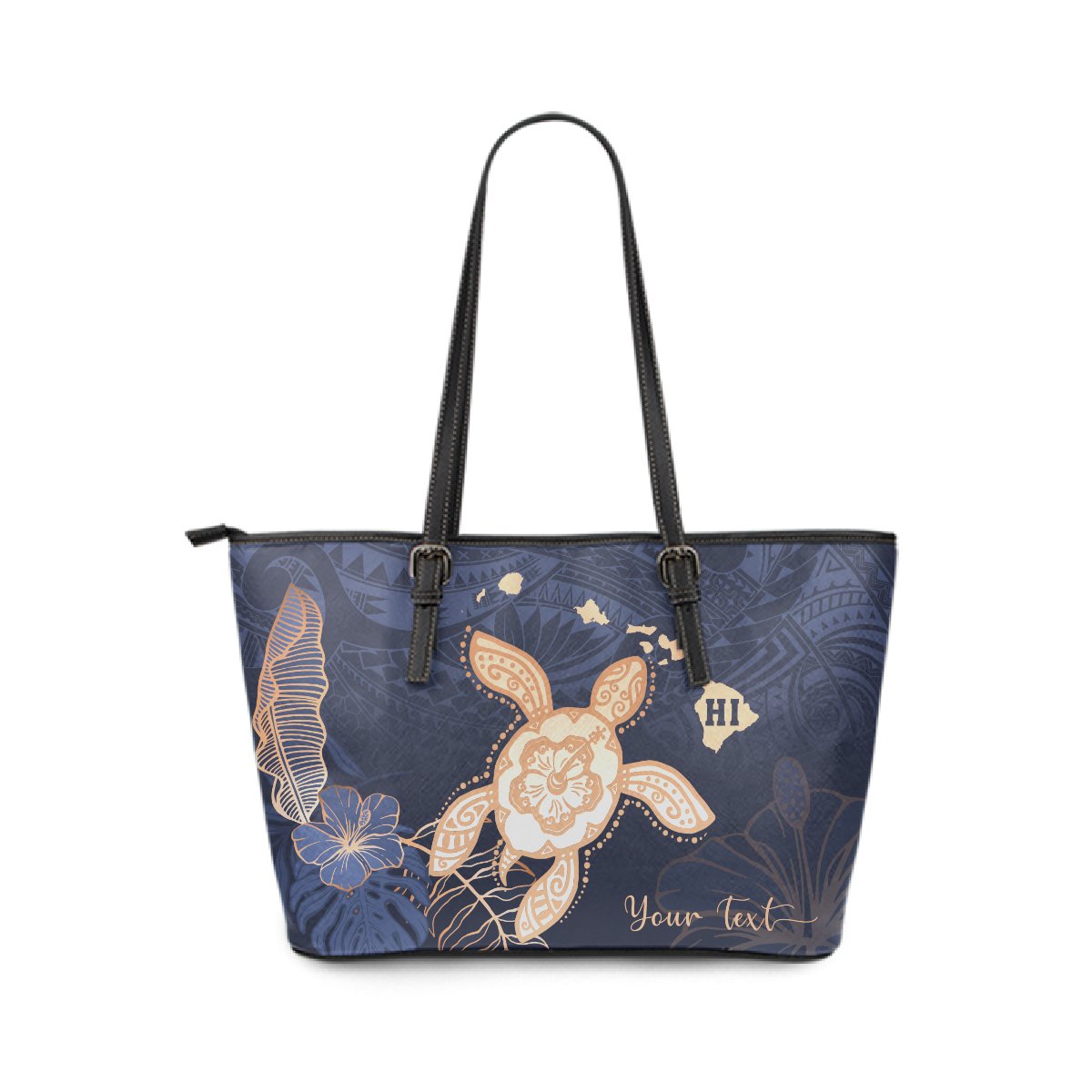 Personalized - Hawaii Kakau Polynesian Turtle Map Large Leather Tote Bag - Indigo Ver 1 Blue - Polynesian Pride