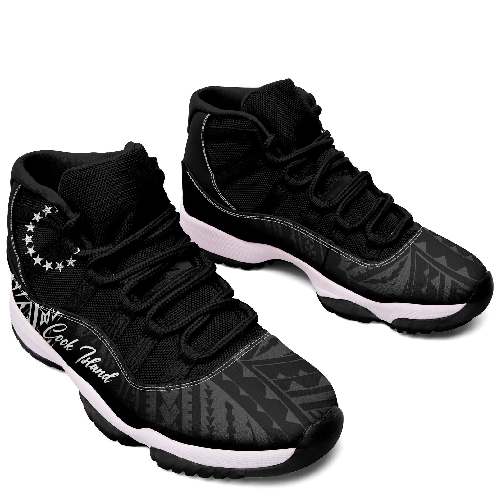 Cook Islands J11 Sneakers Polynesian Pattern - Black LT7 White - Polynesian Pride
