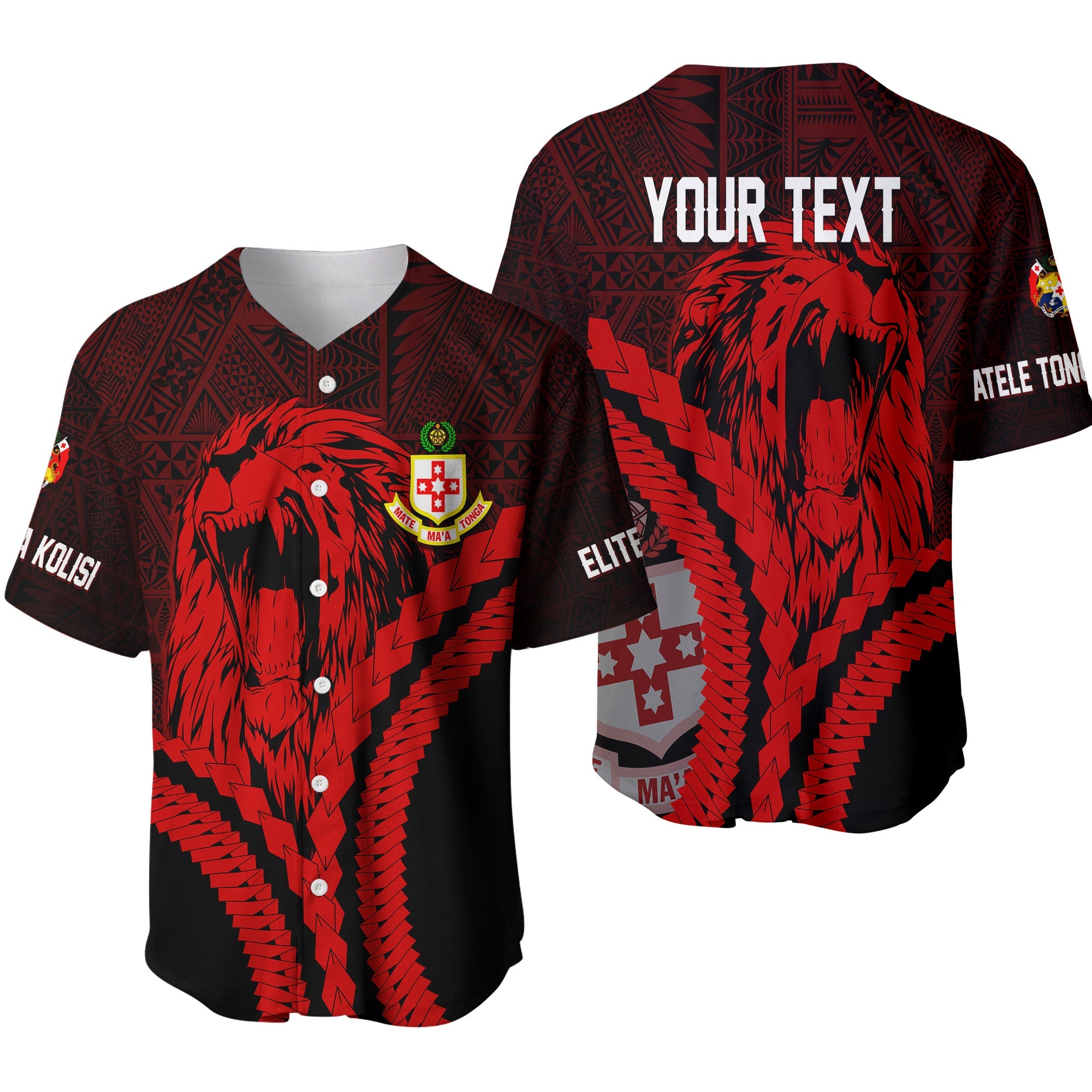 Kolisi Tonga 'Atele Personalised Baseball Jersey Roaring Lion LT7 Black - Polynesian Pride