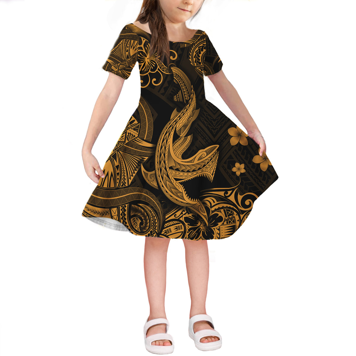 Hawaii Angry Shark Polynesian Short Sleeve Dress KID Unique Style - Gold LT8 KID Black - Polynesian Pride