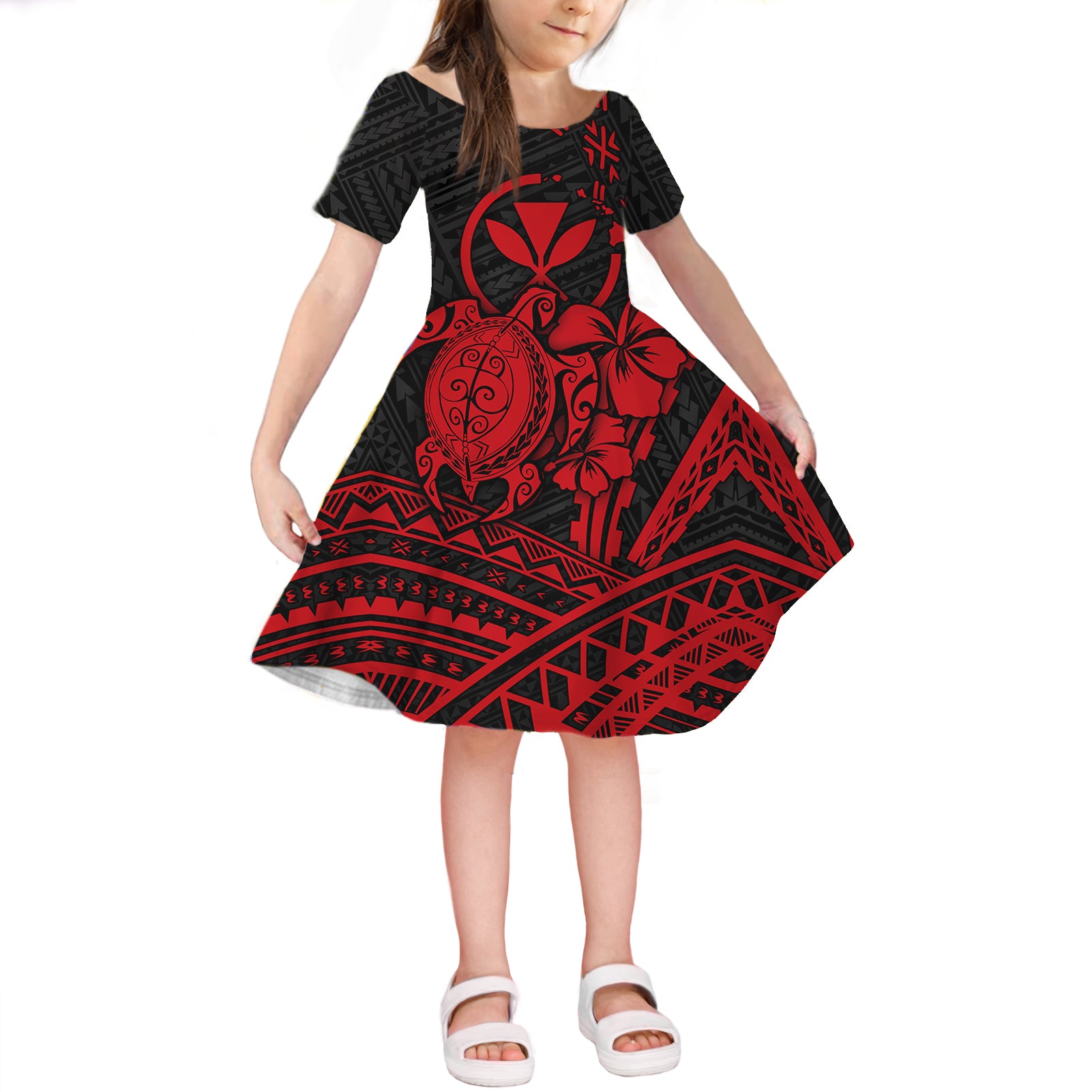 Hawaii Turtle With Hibiscus Tribal Short Sleeve Dress KID Red LT8 KID Red - Polynesian Pride