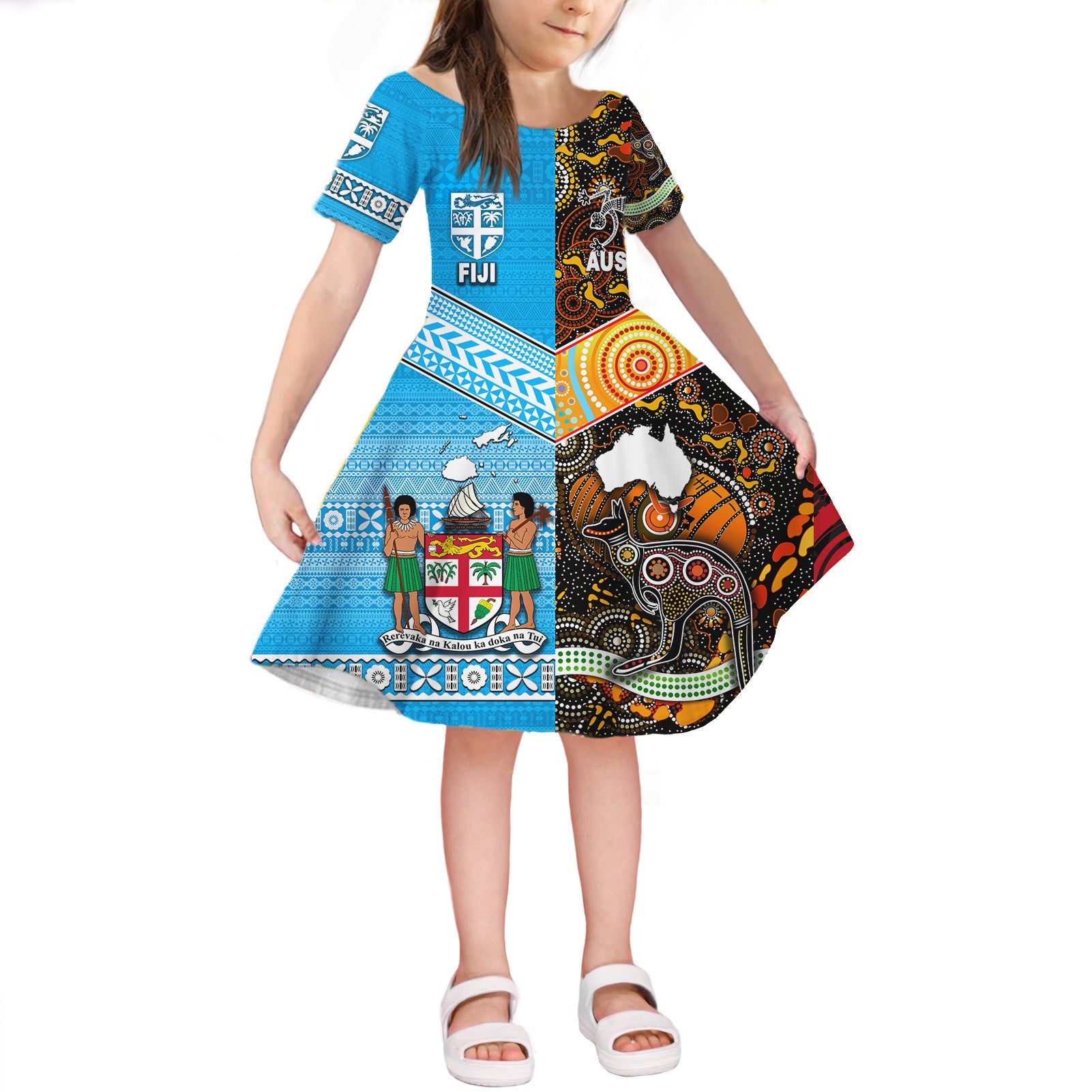 Australia Aboriginal And Fiji Tapa Short Sleeve Dress KID Together LT8 - Polynesian Pride