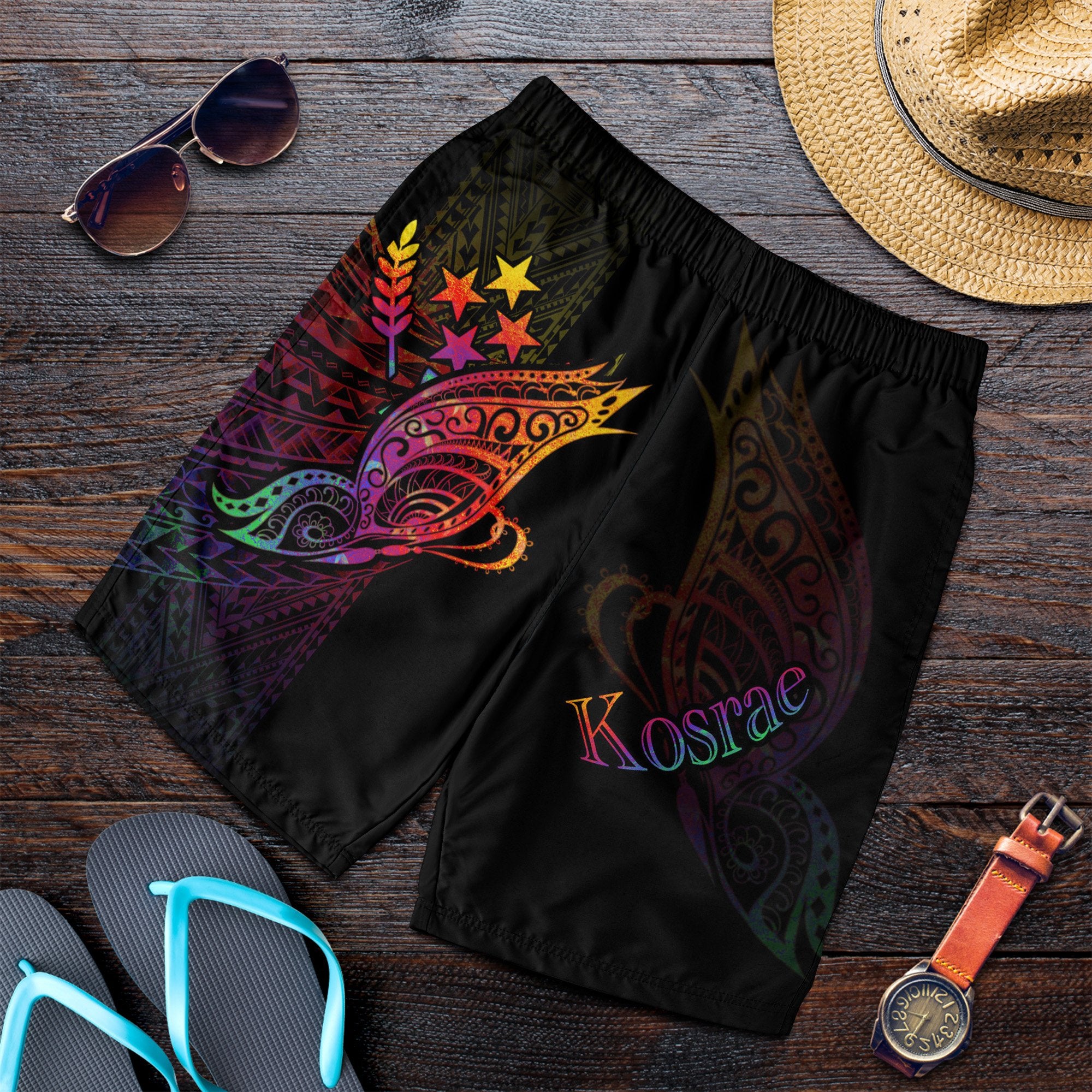 Kosrae State Men's Shorts - Butterfly Polynesian Style Black - Polynesian Pride