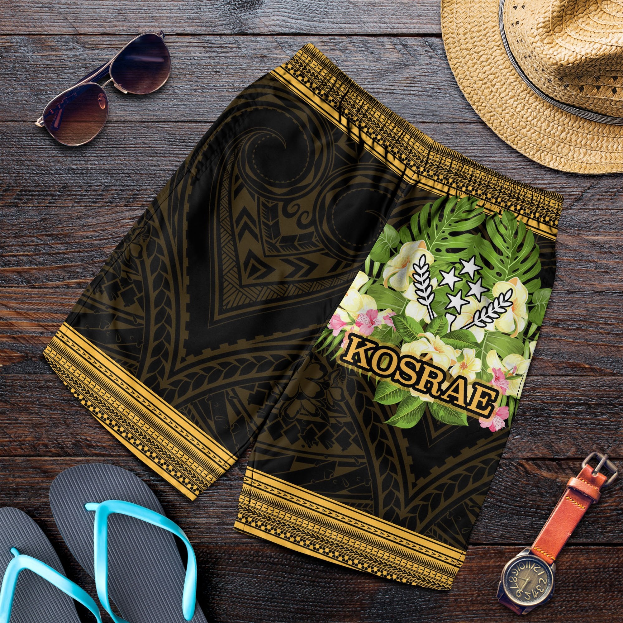 Kosrae State Men's Shorts - Polynesian Gold Patterns Collection Black - Polynesian Pride