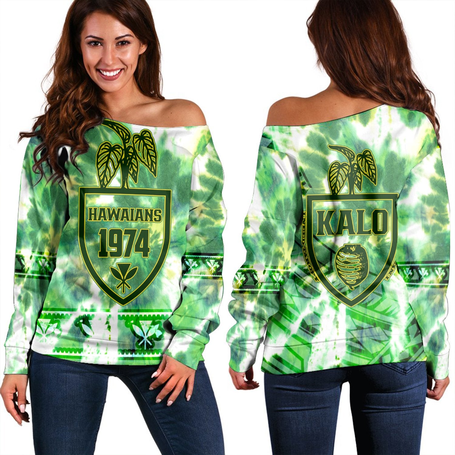 Hawaii Kalo Tie Dye Women Off Shoulder Sweater - Refresh - AH Green - Polynesian Pride