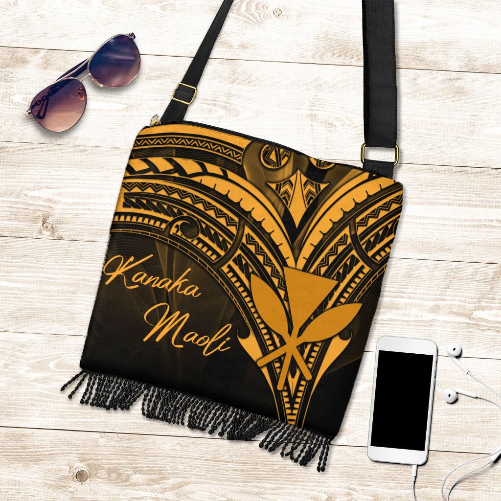 Hawaii Kanaka Maoli Boho Handbag - Gold Color Cross Style One Size Boho Handbag Black - Polynesian Pride