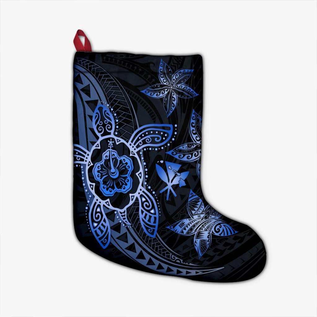 Kanaka Map Hibiscus Plumeria Turtle Art Blue Polynesian Christmas Stocking - AH Christmas Stocking 26 X 42 cm Black - Polynesian Pride