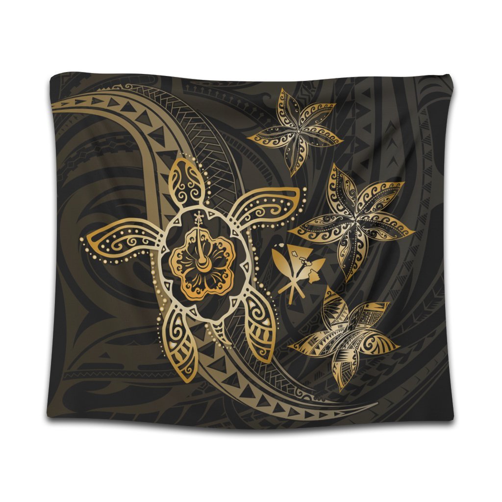 Kanaka Map Hibiscus Plumeria Turtle Art Gold Polynesian Tapestry - AH Wall Tapestry Black - Polynesian Pride