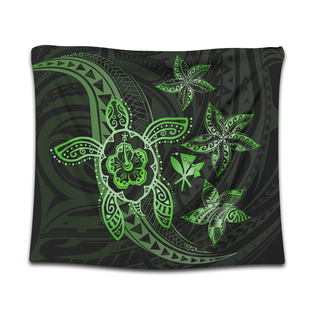 Kanaka Map Hibiscus Plumeria Turtle Art Green Polynesian Tapestry - AH Wall Tapestry Black - Polynesian Pride