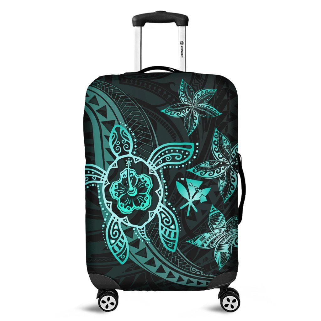 Kanaka Map Hibiscus Plumeria Turtle Art Turquoise Polynesian Luggage Covers - AH Black - Polynesian Pride