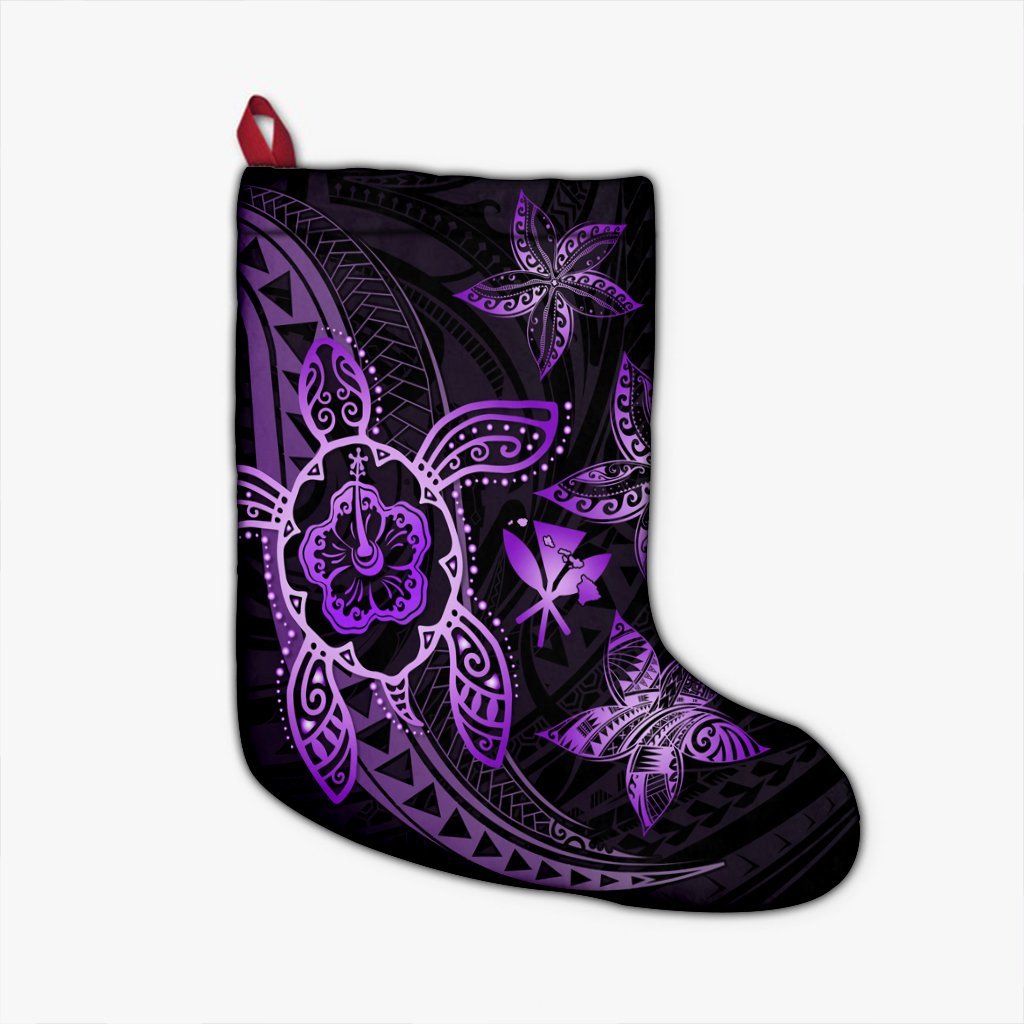 Kanaka Map Hibiscus Plumeria Turtle Art Violet Polynesian Christmas Stocking - AH Christmas Stocking 26 X 42 cm Black - Polynesian Pride