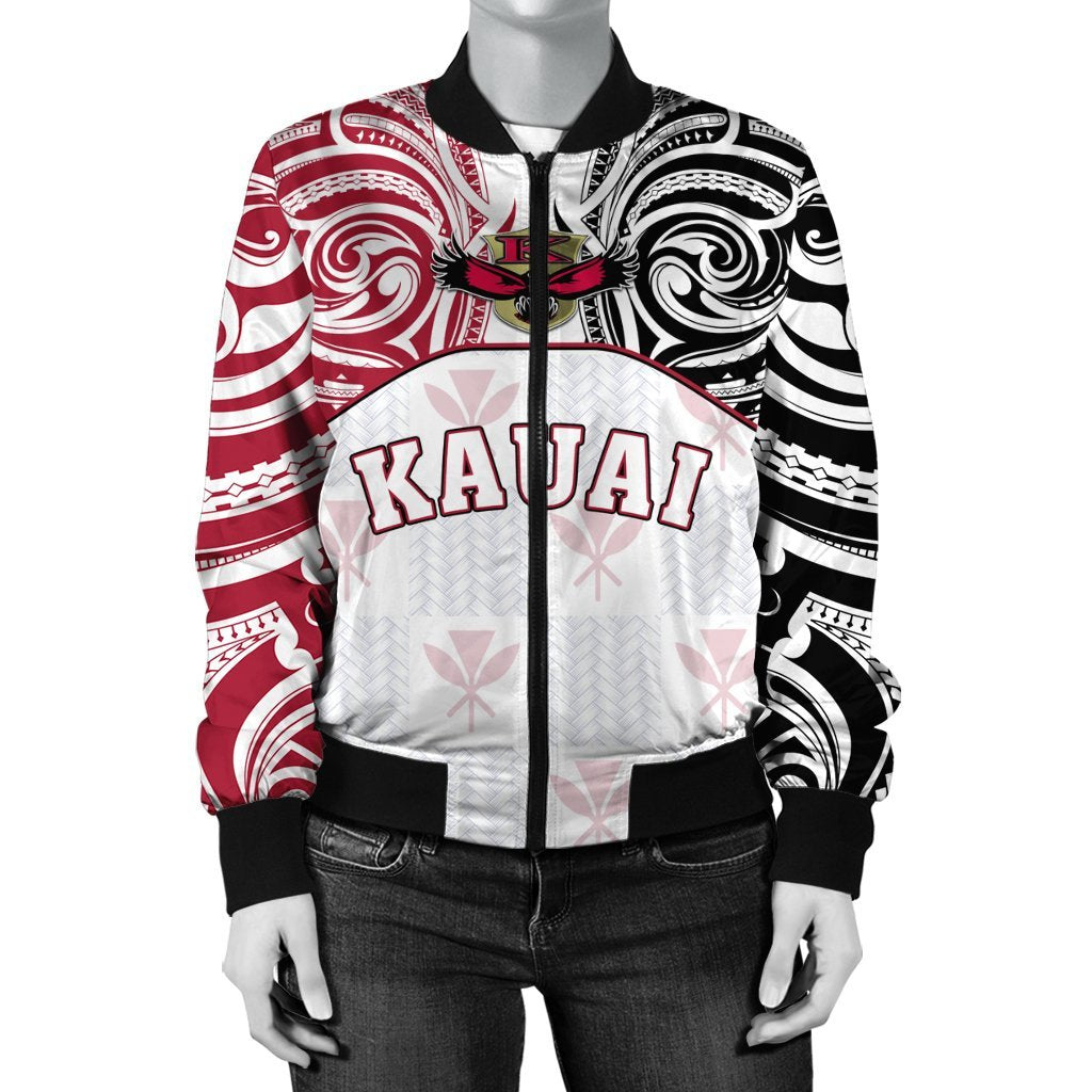 Hawaii Bomber Jacket - Kanaka Kauai High School Women's Bomber Jacket Demodern Style AH White - Polynesian Pride