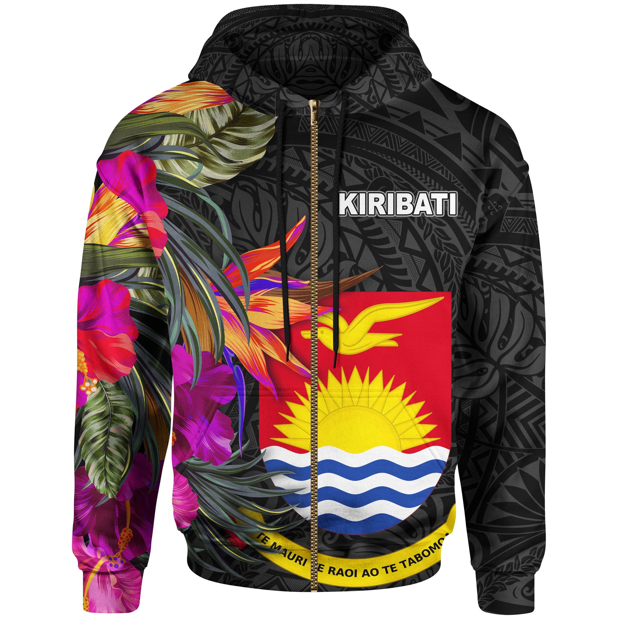 Kiribati Zip up Hoodie Hibiscus Polynesian Pattern Unisex Black - Polynesian Pride