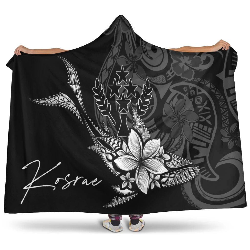 Kosrae State Hooded Blanket - Fish With Plumeria Flowers Style Hooded Blanket Black - Polynesian Pride