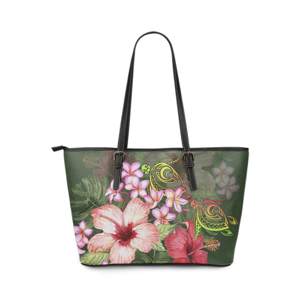 Hawaii Turtle Tropical Flower Leather Tote - Deni Style - AH Green - Polynesian Pride