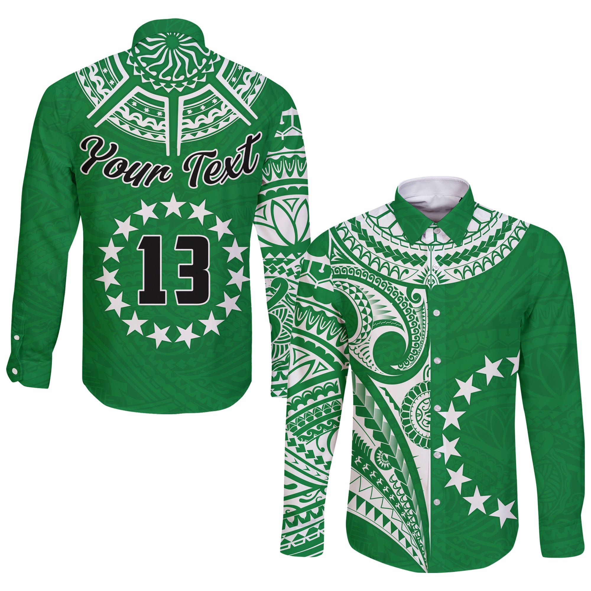 (Custom Text and Number) Cook Islands Tatau Long Sleeve Button Shirt Symbolize Passion Stars Version Green LT13 Unisex Green - Polynesian Pride