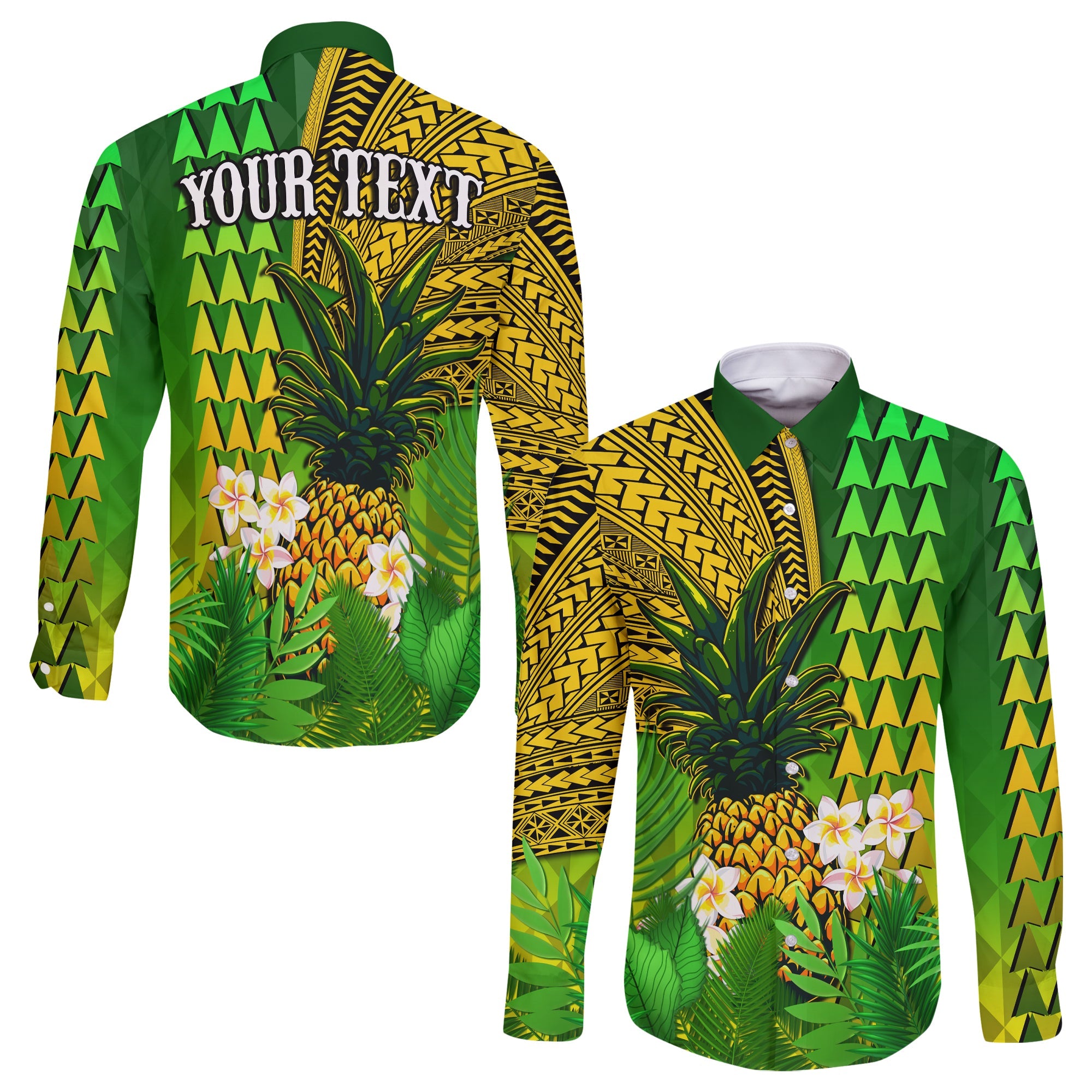 (Custom Personalised) Hawaii Pineapple Long Sleeve Button Shirt Plumeria Frangipani Mix Tribal Pattern LT13 Unisex Green - Polynesian Pride