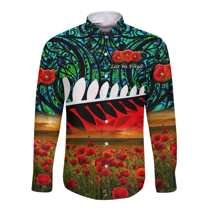 (Custom Personalised) New Zealand Maori ANZAC Hawaii Long Sleeve Button Shirt Poppy Vibes - Turquoise LT8 Unisex Turquoise - Polynesian Pride