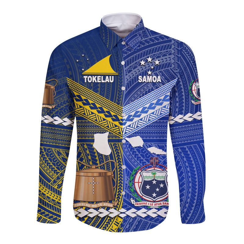 Samoa And Tokelau Hawaii Long Sleeve Button Shirt Together LT8 Unisex Blue - Polynesian Pride