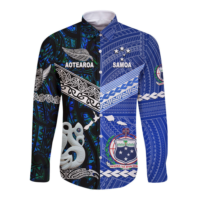 Samoa And New Zealand Hawaii Long Sleeve Button Shirt Together - Blue LT8 Unisex Blue - Polynesian Pride