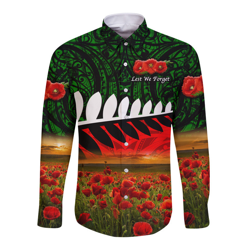 (Custom Personalised) New Zealand Maori ANZAC Hawaii Long Sleeve Button Shirt Poppy Vibes - Green LT8 Unisex Green - Polynesian Pride