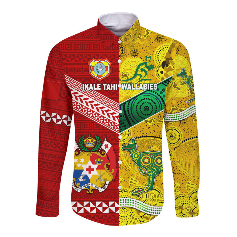(Custom Personalised) Tonga Ikale Tahi Ngatu And Australia Wallabies Aboriginal Hawaii Long Sleeve Button Shirt Rugby Together LT8 Unisex - Polynesian Pride