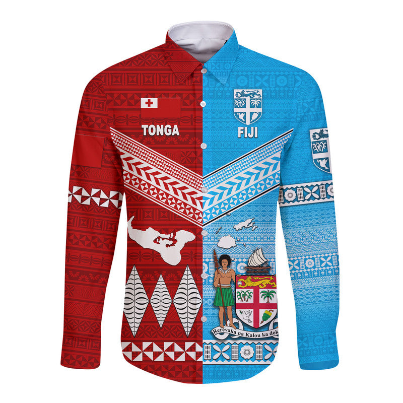 (Custom Personalised) Tonga Ngatu And Fiji Tapa Hawaii Long Sleeve Button Shirt Together LT8 Unisex Blue - Polynesian Pride