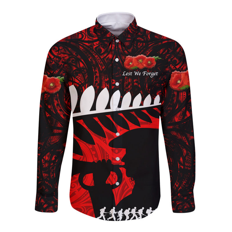 (Custom Personalised) New Zealand Maori ANZAC Hawaii Long Sleeve Button Shirt Remembrance Soldier - Red LT8 Unisex Red - Polynesian Pride