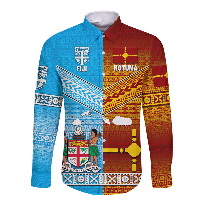 Fiji And Rotuma Tapa Pattern Hawaii Long Sleeve Button Shirt Together LT8 Unisex Blue - Polynesian Pride