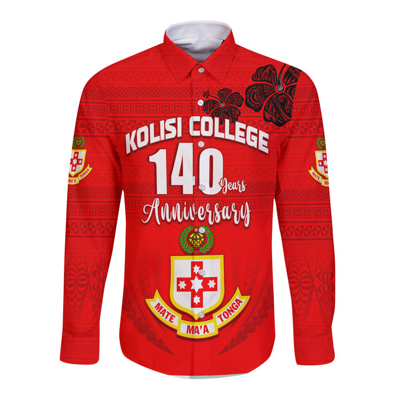 Kolisi Tonga College Atele Hawaii Long Sleeve Button Shirt 140 Years Anniversary Tongan Ngatu LT13 Unisex Red - Polynesian Pride