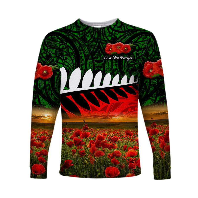 (Custom Personalised) New Zealand Maori ANZAC Long Sleeve Shirt Poppy Vibes - Green LT8 Unisex Green - Polynesian Pride