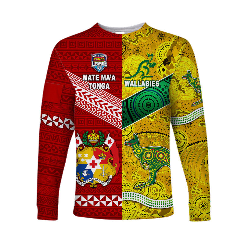 Mate Ma'a Tonga Ngatu And Australia Wallabies Aboriginal Long Sleeve Shirt Rugby Together LT8 Unisex - Polynesian Pride