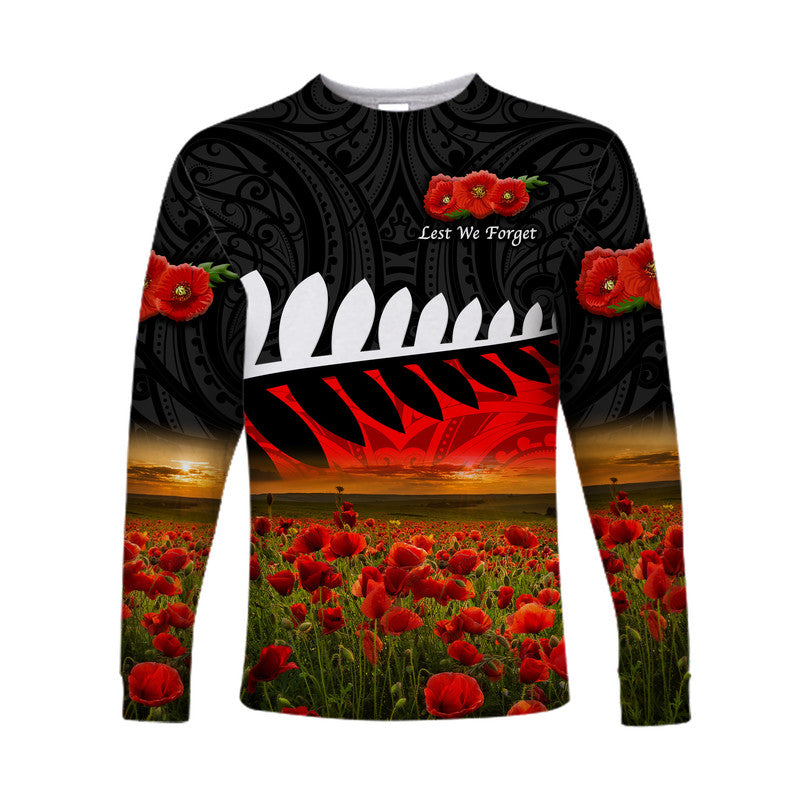 (Custom Personalised) New Zealand Maori ANZAC Long Sleeve Shirt Poppy Vibes - Black LT8 Unisex Black - Polynesian Pride