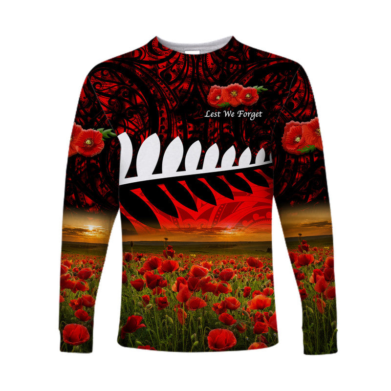 New Zealand Maori ANZAC Long Sleeve Shirt Poppy Vibes - Red LT8 Unisex Red - Polynesian Pride