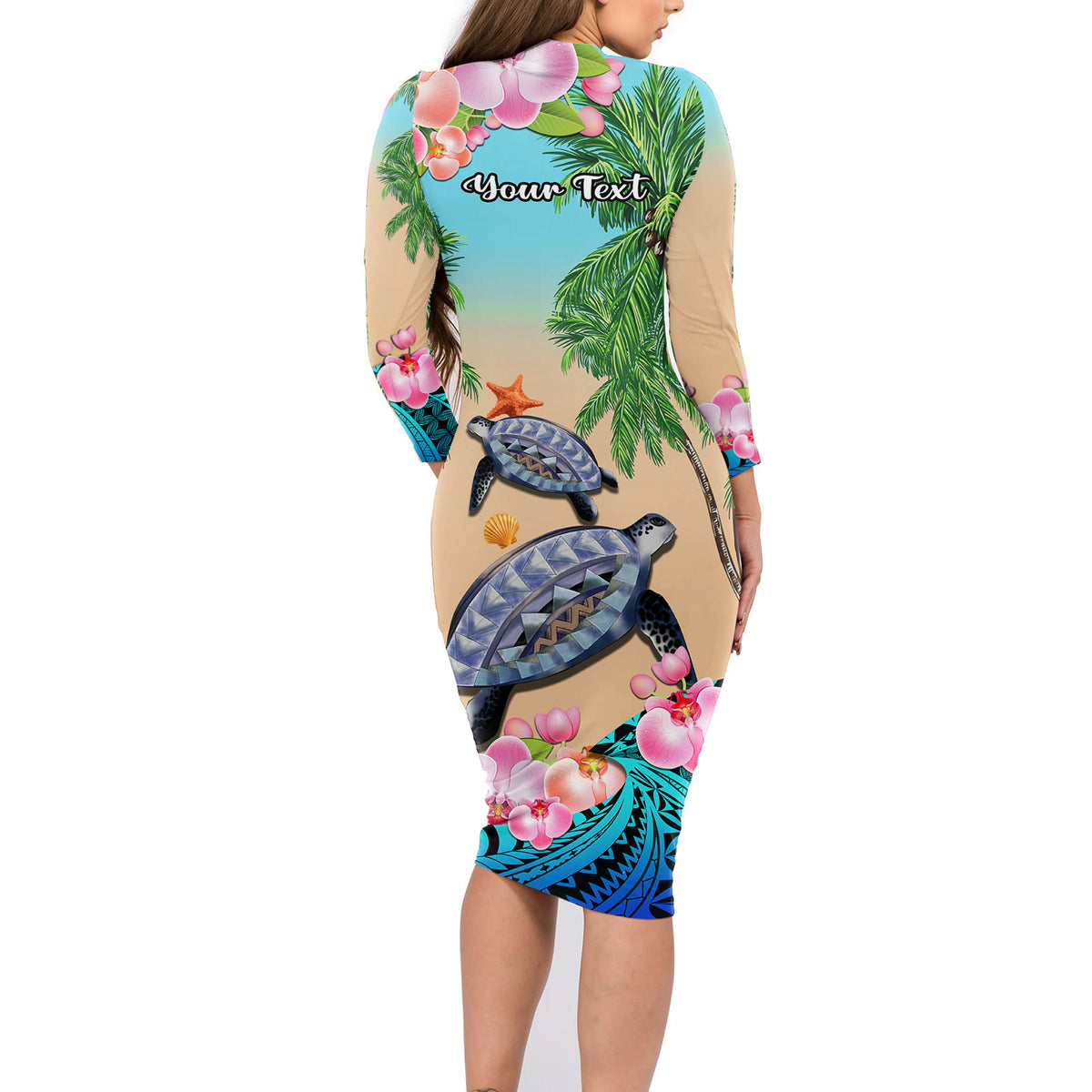 (Custom Personalised) Polynesian Turtle Coconut Tree And Orchids Long Sleeves Dress LT14 - Polynesian Pride