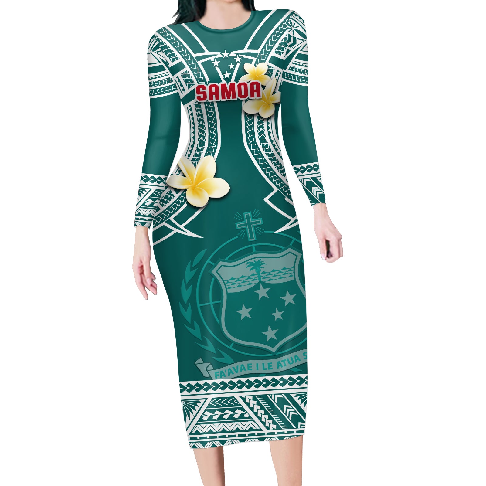 (Custom Personalised) Samoa Long Sleeves Dress Samoan Plumeria Flowers Mix Polynesian Pattern Ver.03 LT14 Women Turquoise - Polynesian Pride