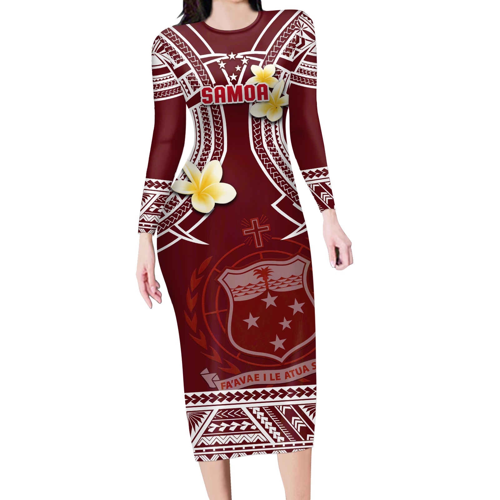 (Custom Personalised) Samoa Long Sleeves Dress Samoan Plumeria Flowers Mix Polynesian Pattern Ver.05 LT14 Women Red - Polynesian Pride