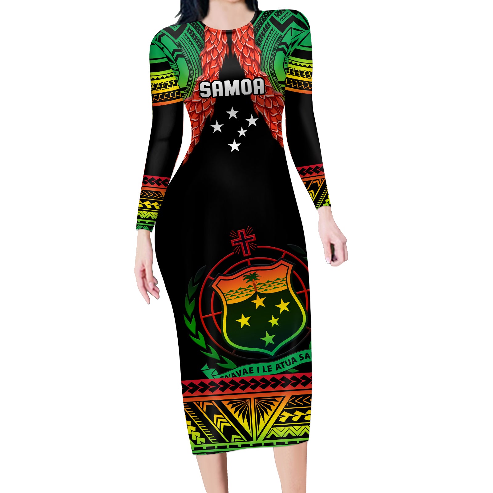 (Custom Personalised) Samoa Rugby Long Sleeves Dress Teuila Torch Ginger Gradient Style LT14 Women Black - Polynesian Pride