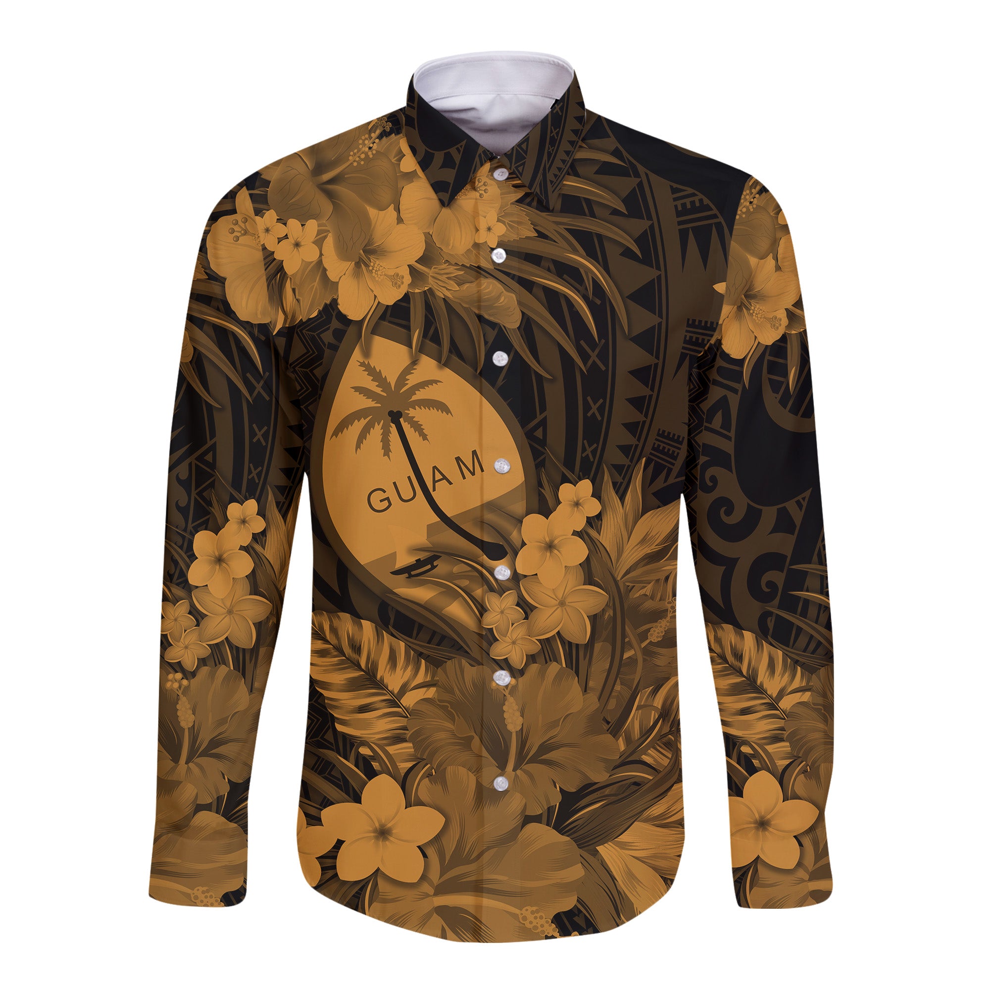 (Custom Personalised) Guam Polynesian Hawaii Long Sleeve Button Shirt Tropical Flowers - Tan LT8 - Polynesian Pride