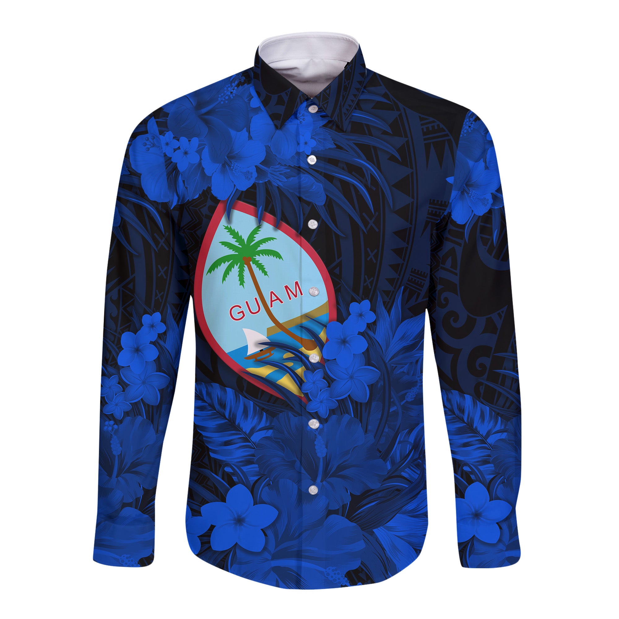 Guam Polynesian Hawaii Long Sleeve Button Shirt Tropical Flowers - Blue LT8 - Polynesian Pride