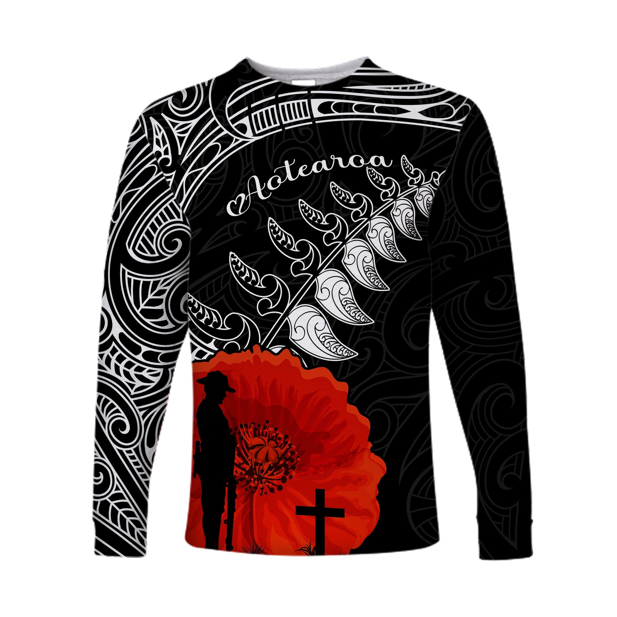 New Zealand Anzac 2022 Long Sleeve Shirt Maori Mix Fern Poppy LT13 Unisex Black - Polynesian Pride