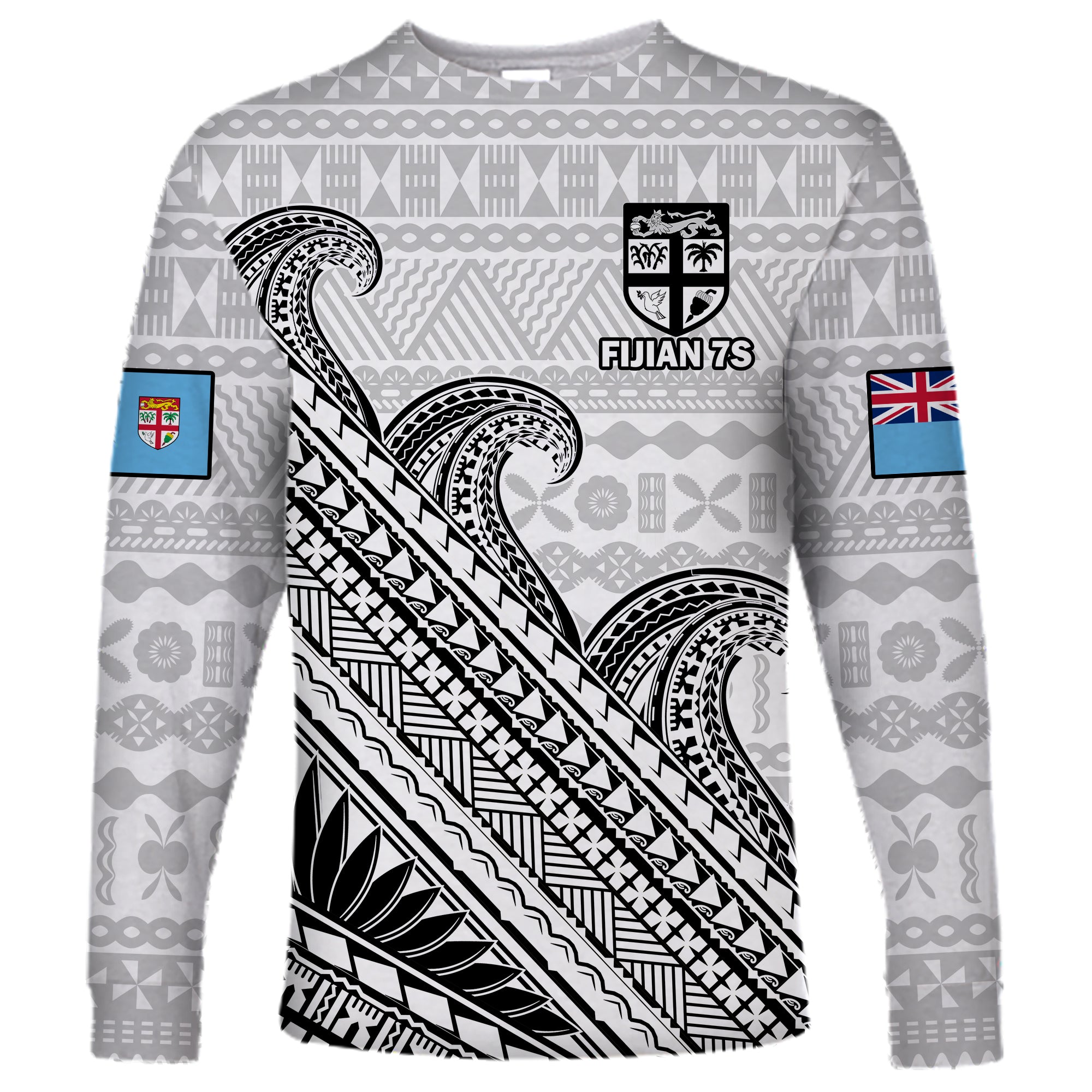 Fiji Sevens Rugby Long Sleeve Shirt Fijian 7s Tapa Polynesian Art LT14 Unisex White - Polynesian Pride