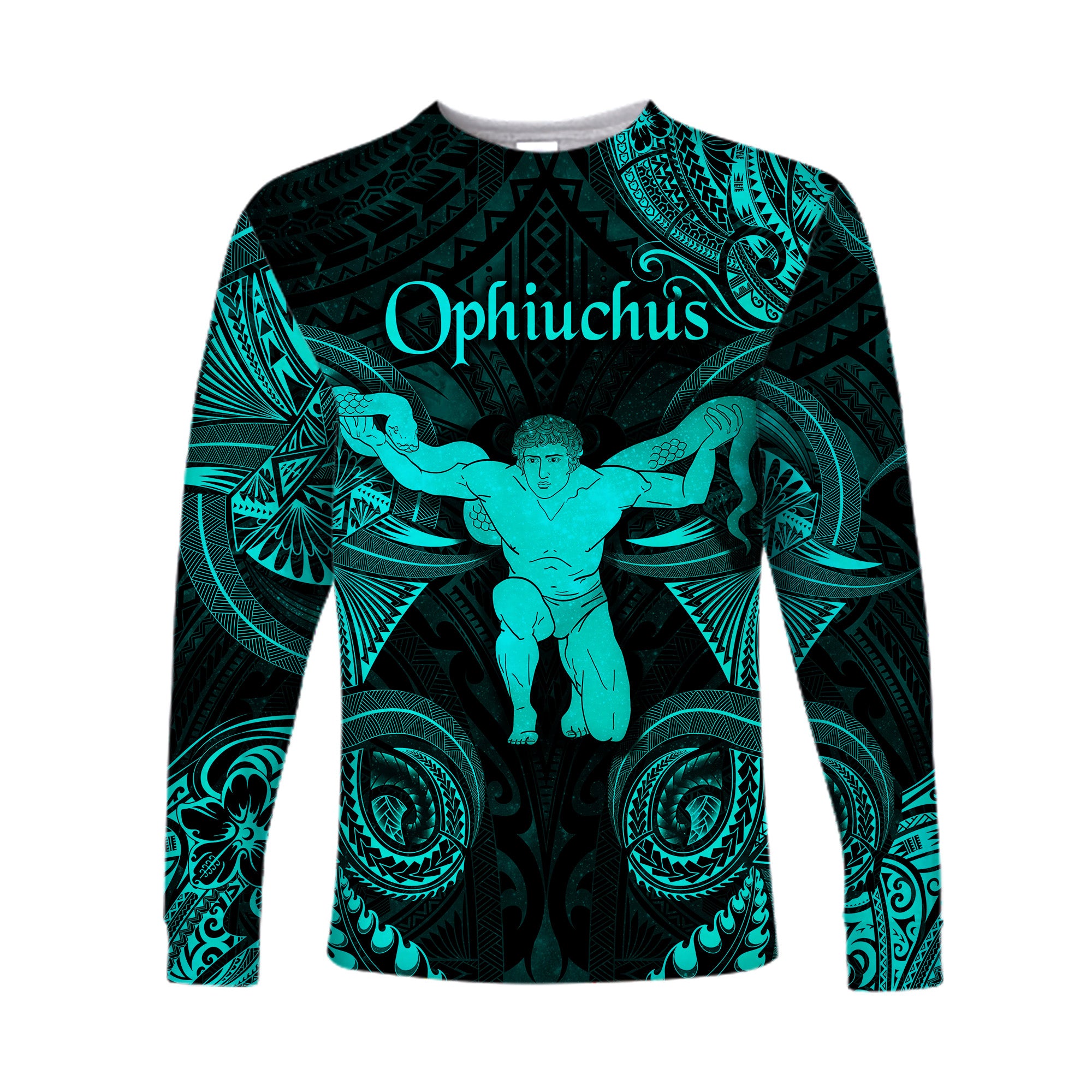 (Custom Personalised) Ophiuchus Zodiac Polynesian Long Sleeve Shirt Unique Style - Turquoise LT8 Unisex Turquoise - Polynesian Pride