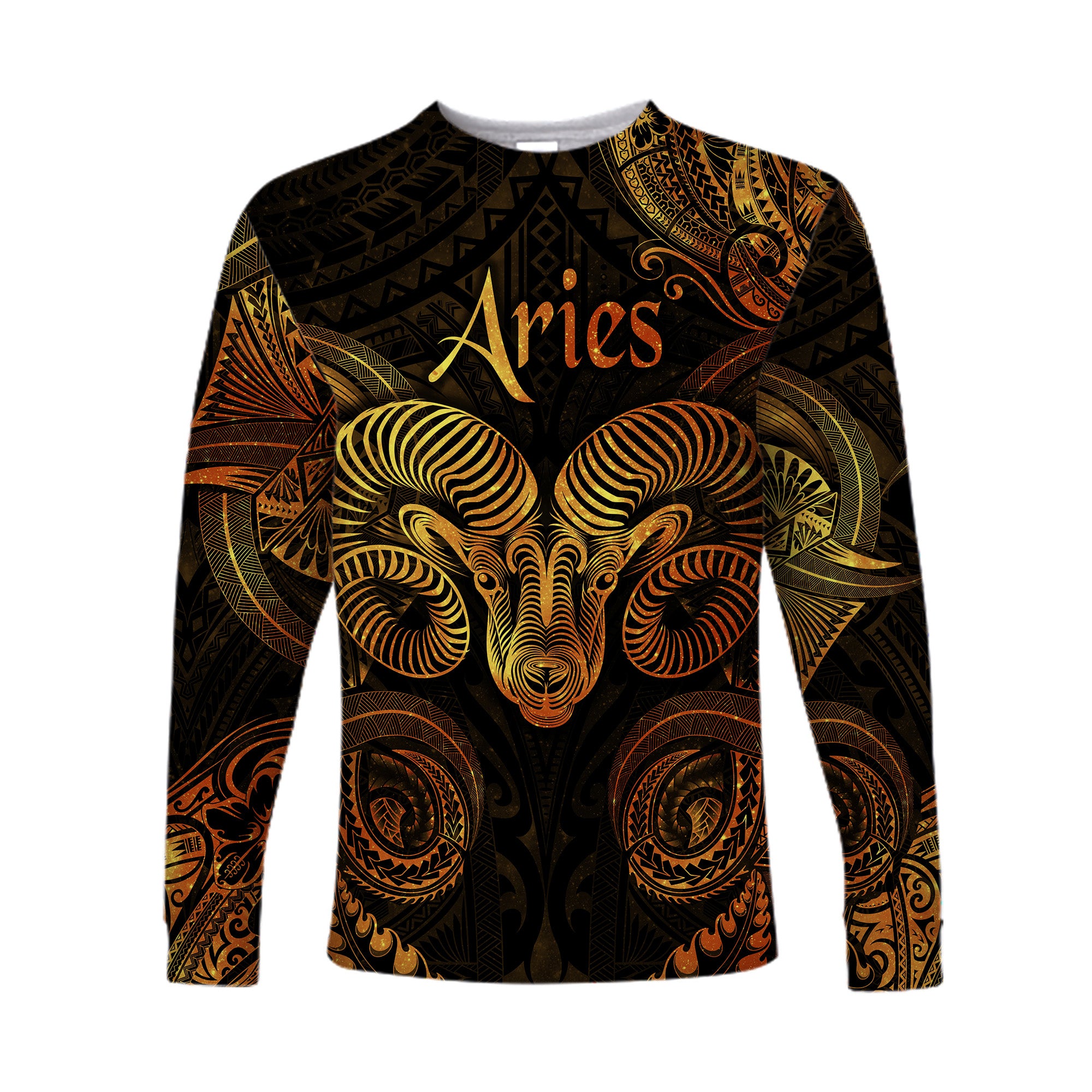 (Custom Personalised) Aries Zodiac Polynesian Long Sleeve Shirt Unique Style - Gold LT8 Unisex Gold - Polynesian Pride