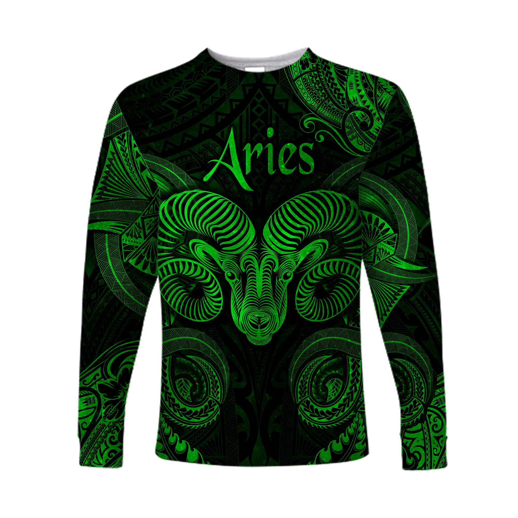 Aries Zodiac Polynesian Long Sleeve Shirt Unique Style - Green LT8 Unisex Green - Polynesian Pride