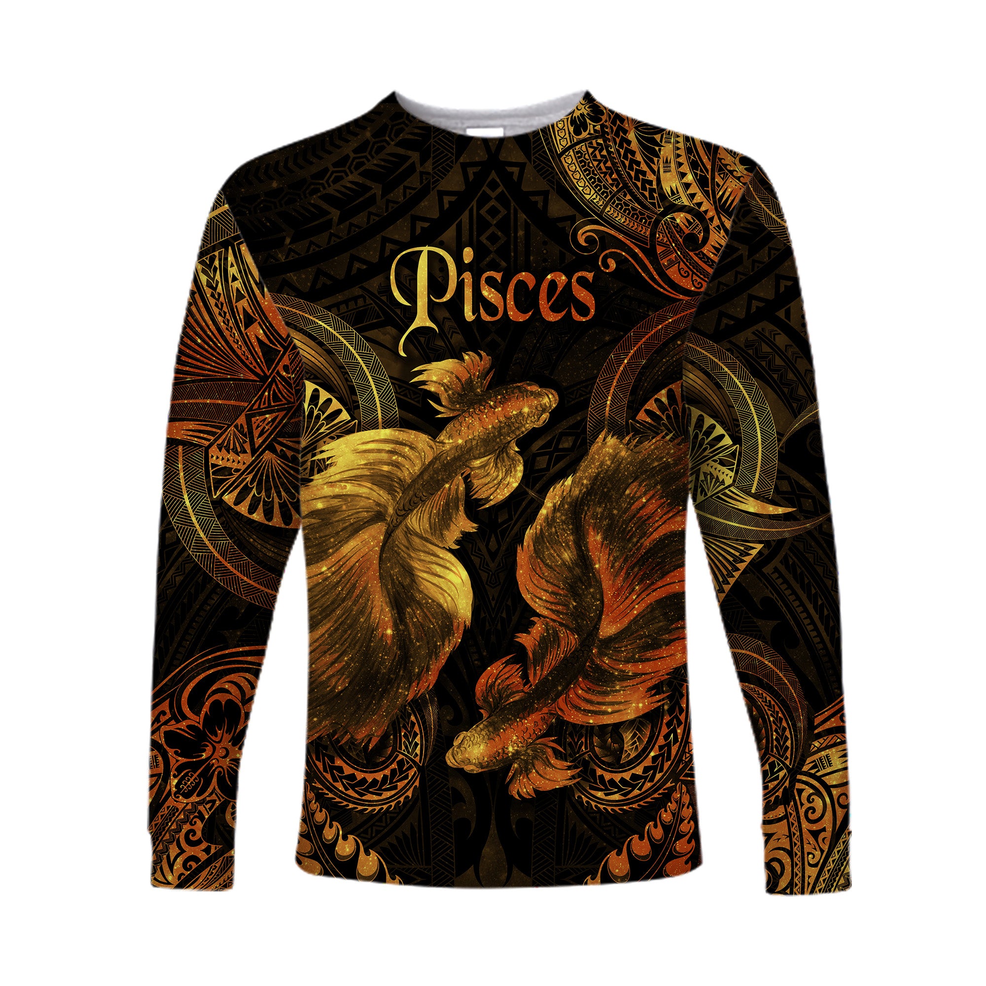 Pisces Zodiac Polynesian Long Sleeve Shirt Unique Style - Gold LT8 Unisex Gold - Polynesian Pride