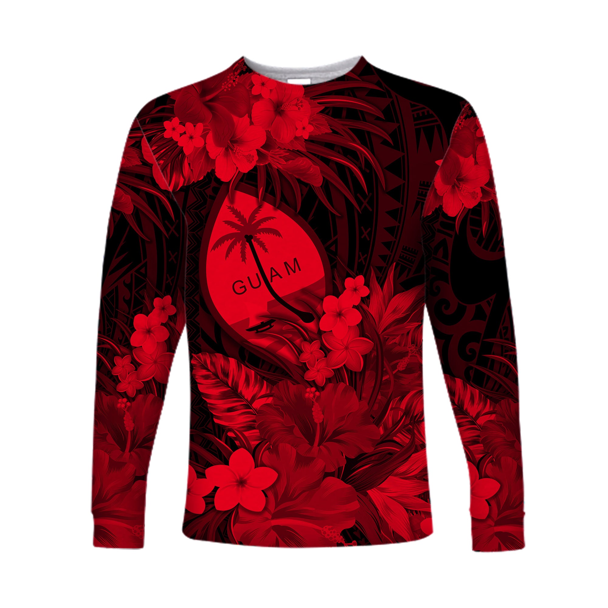 Guam Polynesian Long Sleeve Shirt Tropical Flowers - Red LT8 Unisex Red - Polynesian Pride