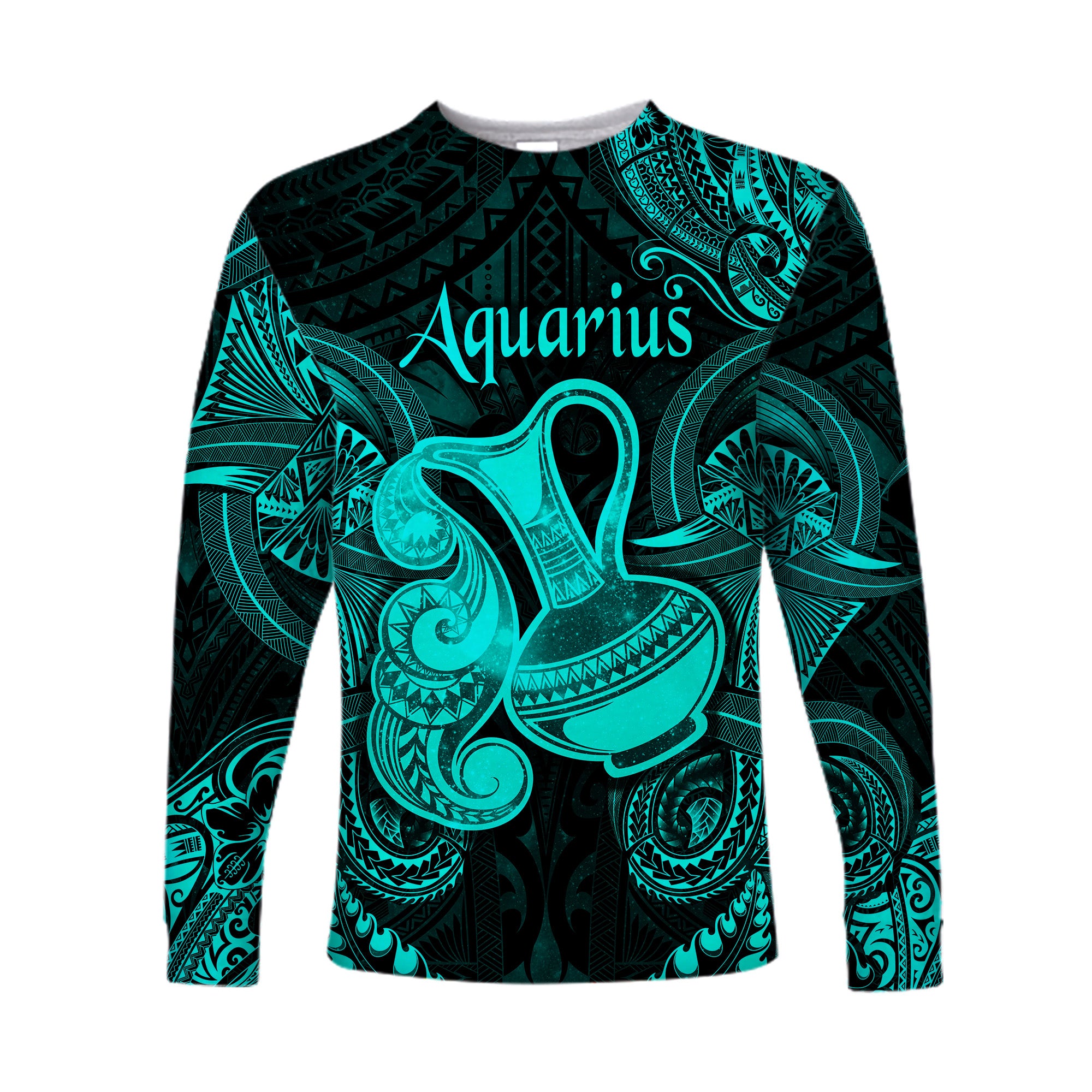 (Custom Personalised) Aquarius Zodiac Polynesian Long Sleeve Shirt Unique Style - Turquoise LT8 Unisex Turquoise - Polynesian Pride