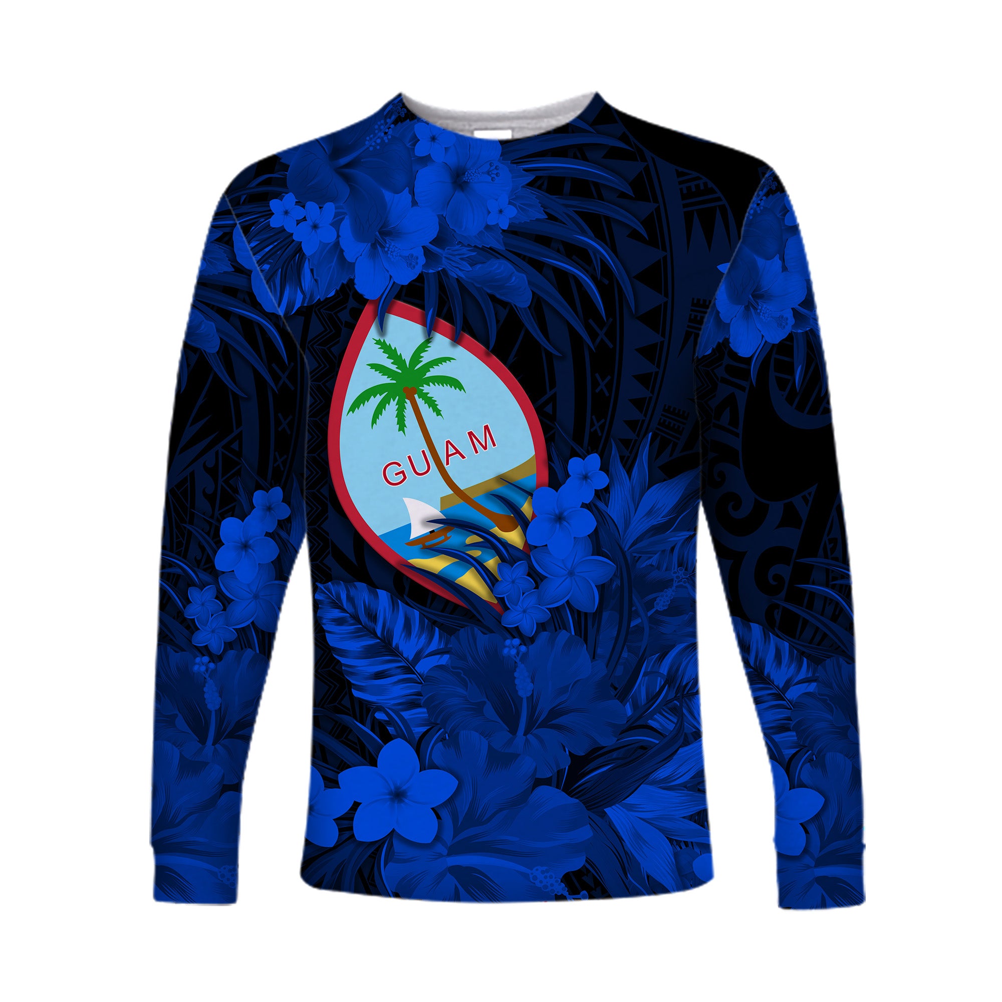 Guam Polynesian Long Sleeve Shirt Tropical Flowers - Blue LT8 Unisex Blue - Polynesian Pride